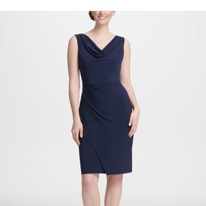DKNY Cowl Neck Dress - Navy Sleeveless Knee Length Sheath NWT Size 2